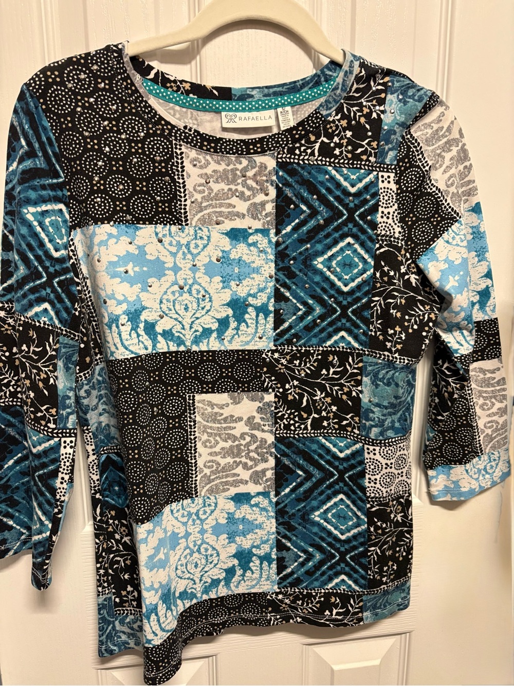 Rafaella Teal Blue and Black Patchwork Print Studded 3/4 sleeve top.